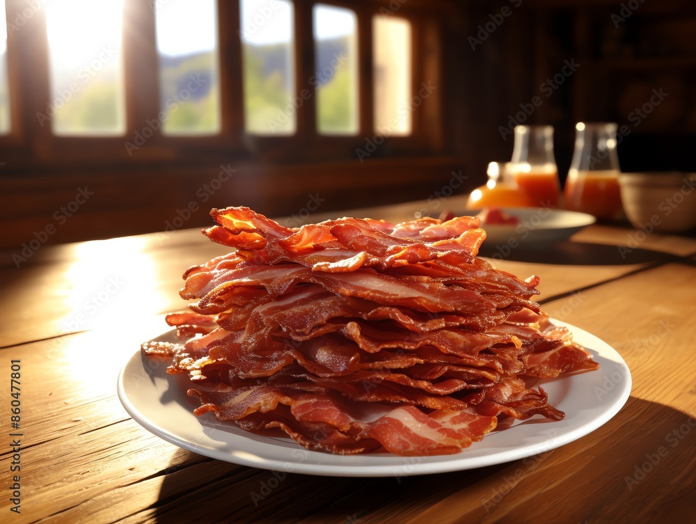 Crisp bacon strips on an antique wooden table, photorealistic, golden brown with a slight hint of sizzle, detailed close-up texture, warm natural light, shallow depth of field Crisp bacon strips on an antique wooden table, photorealistic, golden brown with a slight hint of sizzle, detailed close-up texture, warm natural light, shallow depth of field