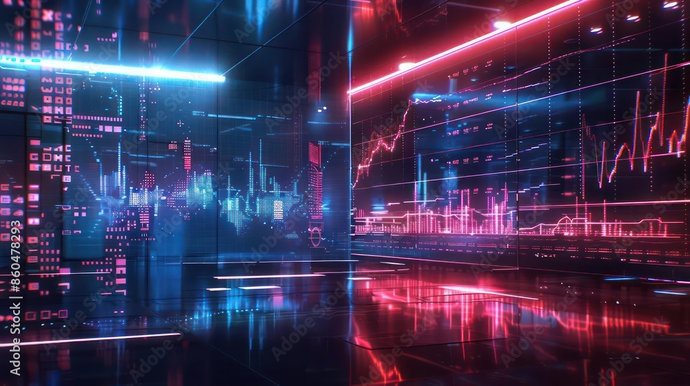 Conceptual image of hightech holographic financial charts in a sleek business environment with room for text Conceptual image of hightech holographic financial charts in a sleek business environment with room for text