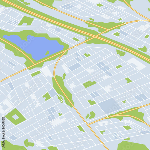 Stylized City Map Showing Roadways, Water Bodies And Park Areas. Vector Illustration For Urban Planning, Navigation