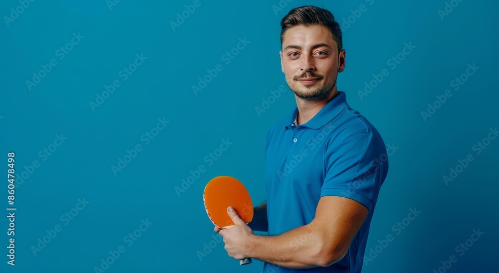 A man wearing a blue tracksuit plays table tennis with an orange racket and a white ball on a light blue background, holding the racket and close-up, tracksuit concept A man wearing a blue tracksuit plays table tennis with an orange racket and a white ball on a light blue background, holding the racket and close-up, tracksuit concept
