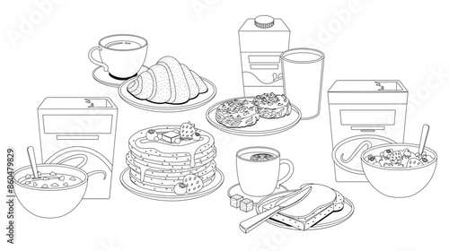 Healthy Breakfast Featuring Items Like Pancakes, Cereal, Fruit, Croissants, And Beverages. Black-and-white Illustration