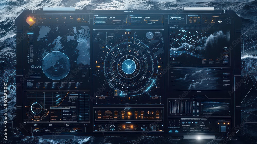 Futuristic interface for monitoring sea conditions with glowing elements and space for text Futuristic interface for monitoring sea conditions with glowing elements and space for text