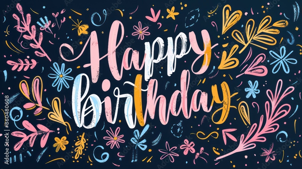 Handdrawn doodle lettering postcard with Happy birthday Includes phrases like Time to celebrate and Make a wish Designed as a label for banners and tshirt designs Handdrawn doodle lettering postcard with Happy birthday Includes phrases like Time to celebrate and Make a wish Designed as a label for banners and tshirt designs