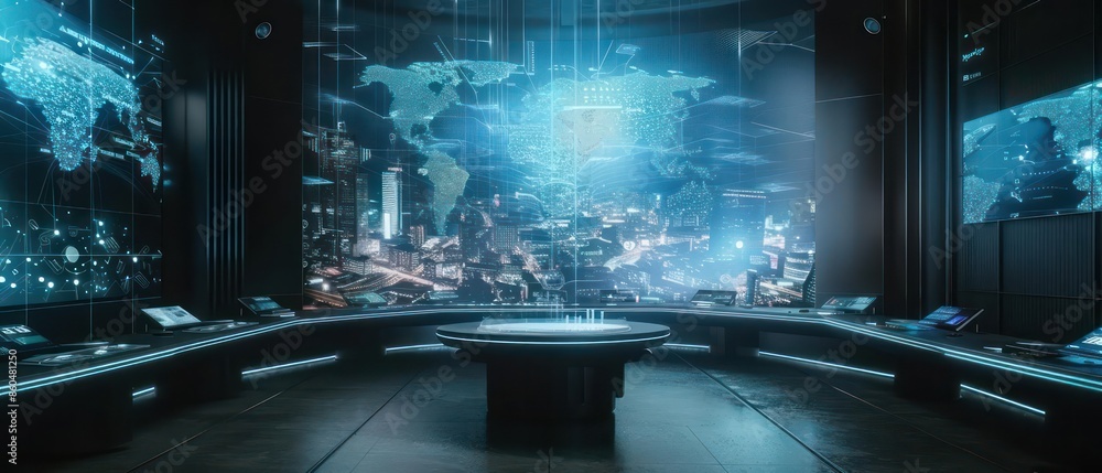 Hightech control center with holographic projections of a digital city map and clear space for text Hightech control center with holographic projections of a digital city map and clear space for text
