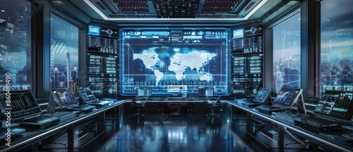 Hightech digital command center overseeing smart city operations with plenty of room for copy