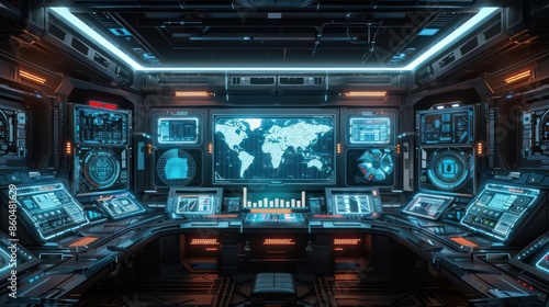 Fototapeta Naklejka Na Ścianę i Meble -  Hightech digital control center for space business logistics with plenty of room for copy