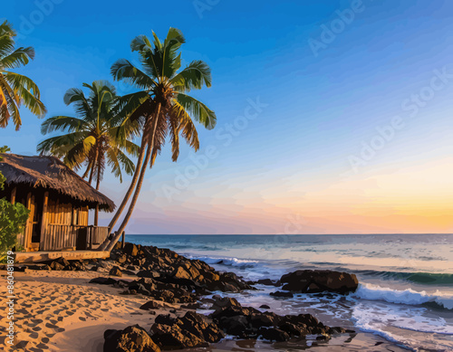 Serene Beachfront Hut with Palm Trees and Ocean View at Sunset