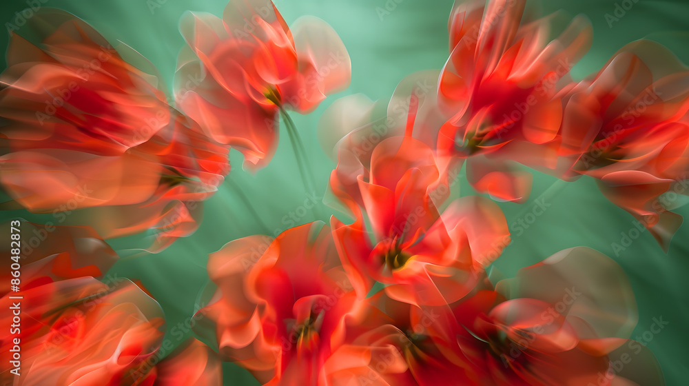 Whirling abstract pattern of red flowers with a blurred motion effect against a green background : Generative AI Whirling abstract pattern of red flowers with a blurred motion effect against a green background : Generative AI