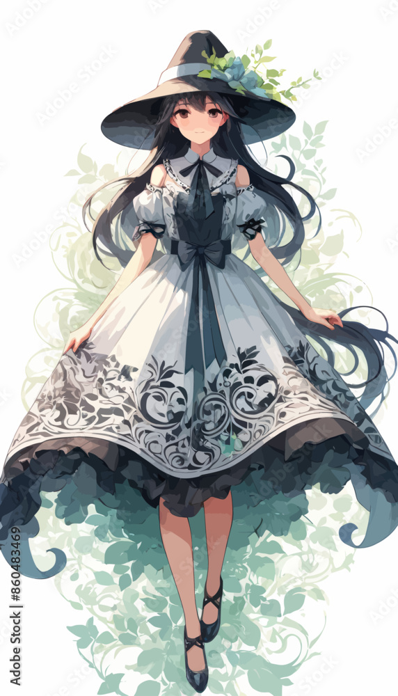 Stylized Anime Character in a Floral Dress with a Hat and Veil, Surrounded by Green Leaves and Floral Patterns