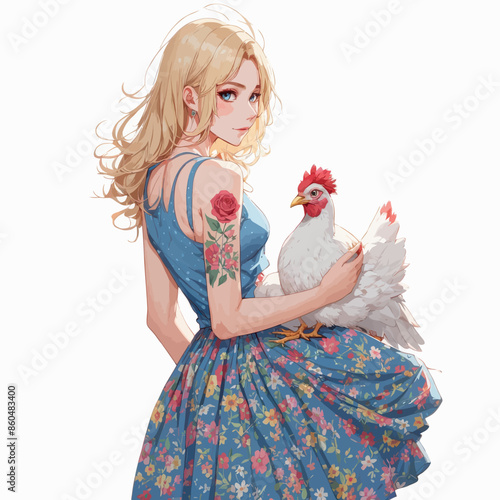Blonde Woman in Floral Dress with Tattooed Arm, Holding a Rooster