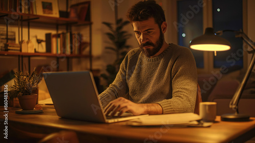 Man Working Late on Laptop at Home. Evening Home Office Scene with Laptop and Lamp 