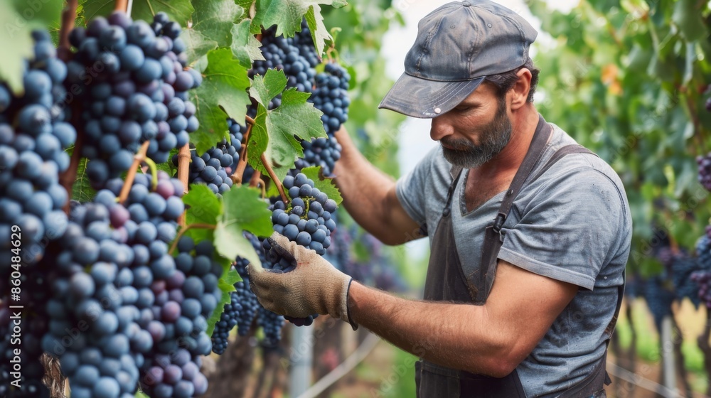 A farmer inspecting clusters of ripe grapes in a vineyard, ready for wine production