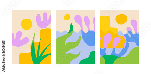 Set of abstract summer posters in overlay style. Vector flat illustration of tropical nature