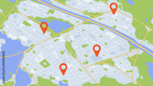 City Map Featuring Location Markers, Roadways, Green Spaces, Water Bodies. Vector Illustration For Navigation Concepts