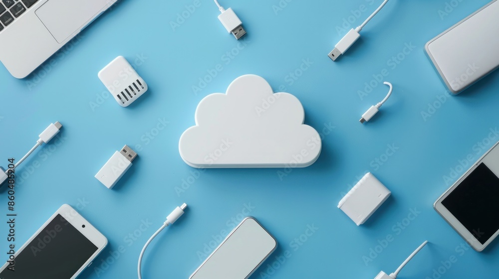 Illustration of a white cloud storage system with connecting USB wires from different devices against a blue background Illustration of a white cloud storage system with connecting USB wires from different devices against a blue background