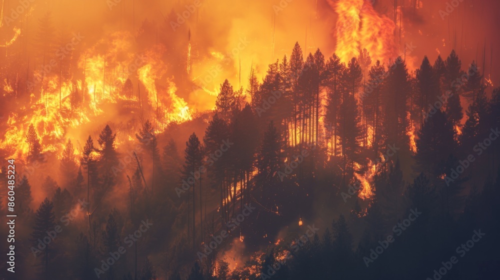 A forest on fire with smoke billowing into the sky, illustrating wildfires exacerbated by global warming A forest on fire with smoke billowing into the sky, illustrating wildfires exacerbated by global warming