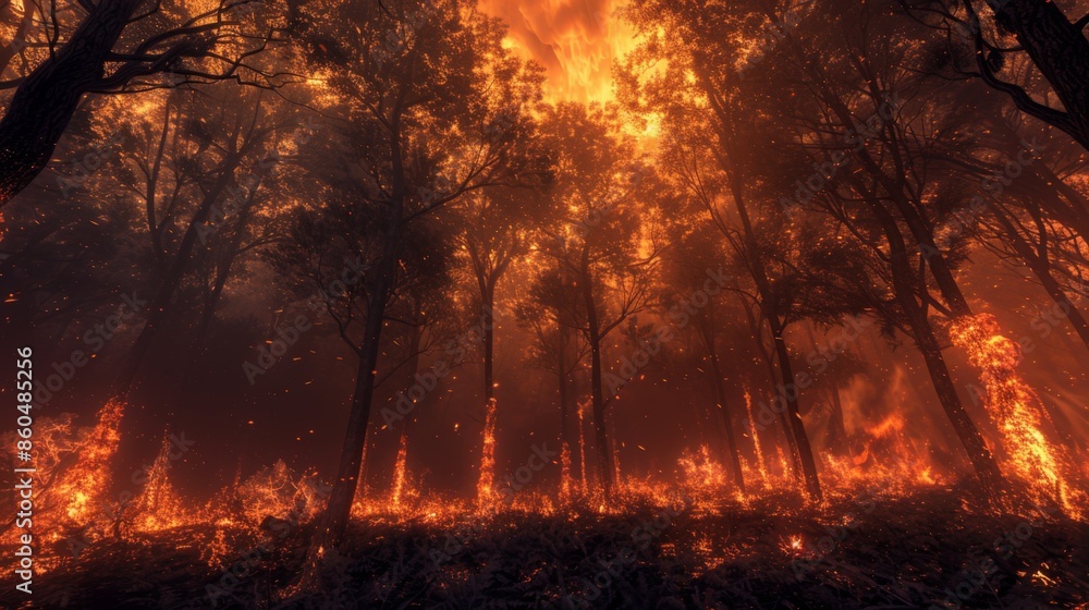 A forest on fire with smoke billowing into the sky, illustrating wildfires exacerbated by global warming A forest on fire with smoke billowing into the sky, illustrating wildfires exacerbated by global warming