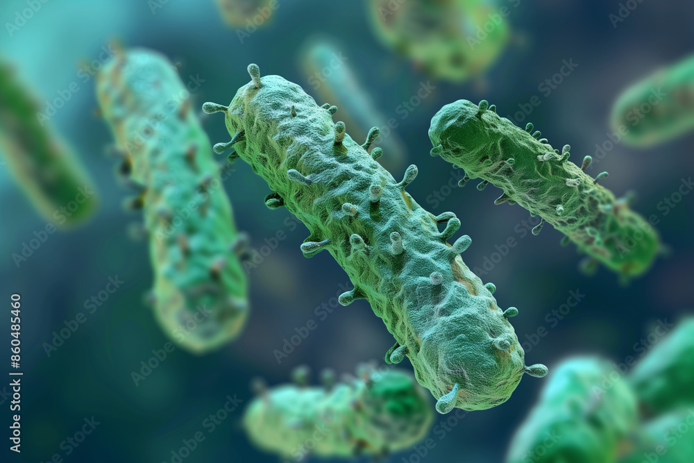 Naklejka premium 3D Illustration of Microscopic Close-up of Bacteria