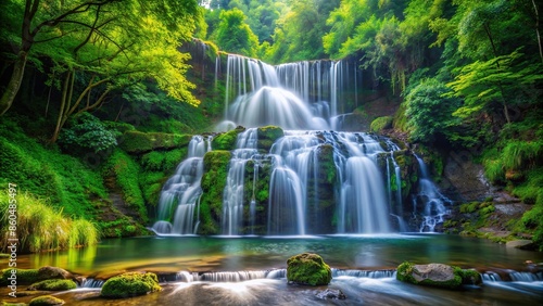 Cascading waterfall flowing through a lush forest , nature, water, serene, green, trees, beauty, landscape, tranquil © Sangpan