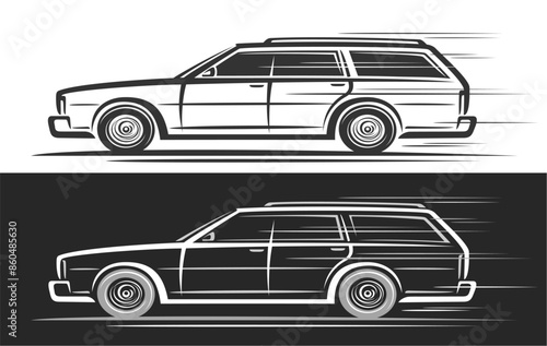 Vector logo for Estate Car, automotive decorative banners with contour illustration of big monochrome classic estate car in moving, running clip art family station wagon on black and white background