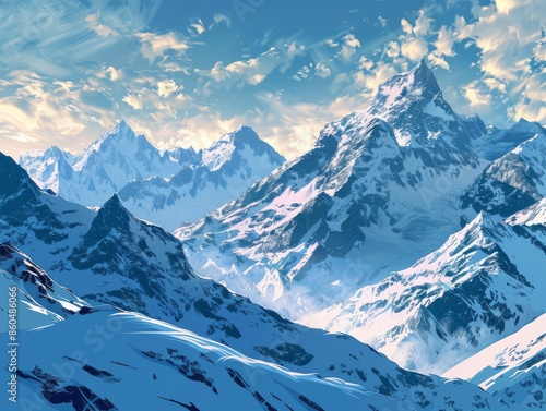 Snowy Mountain Range Panoramic LandscapeBeautiful Winter Scenery and Clear Blue Sky photo