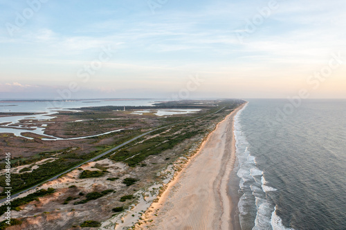Aerial View of Cape Hatteras National Seashore Looking North Towards the Bodie Island Lighthouse in the Outer Banks North Carolina