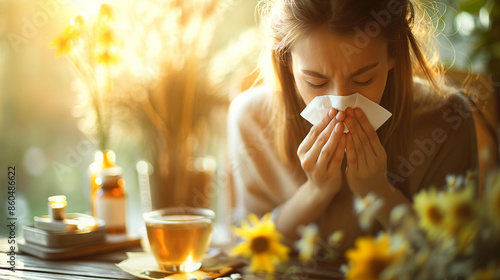 young woman  with flu  wipes nose from a runny nose with a napkin , and drinks green tea photo