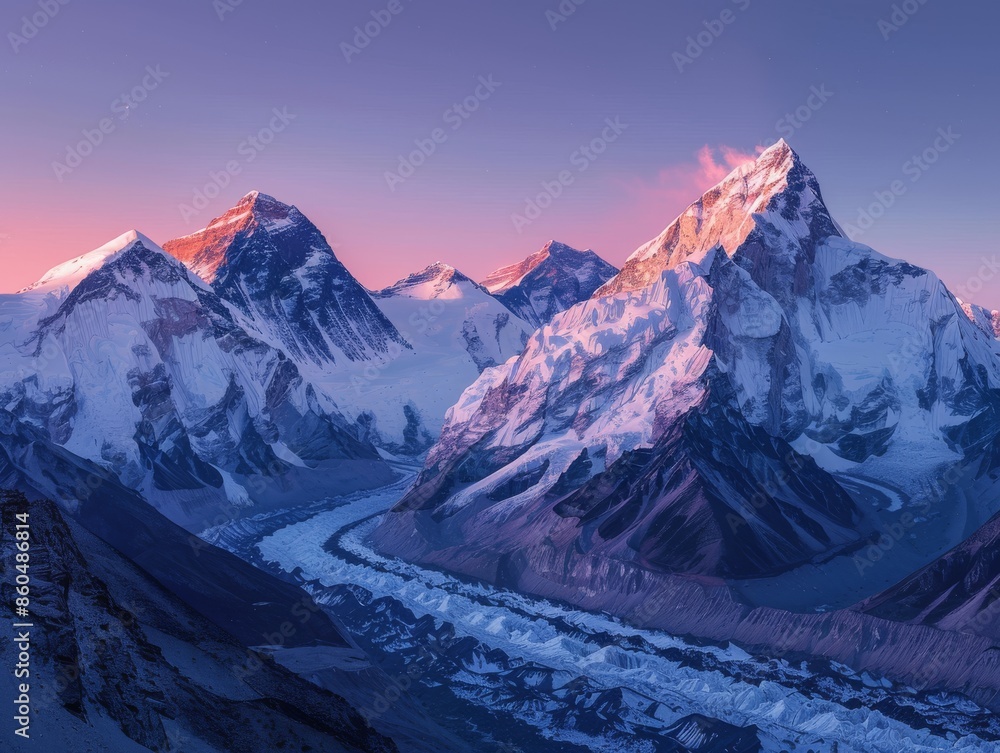 Obraz premium Panoramic View of Majestic Mount Everest and Stunning Mount Nuptse Landscape Scene.