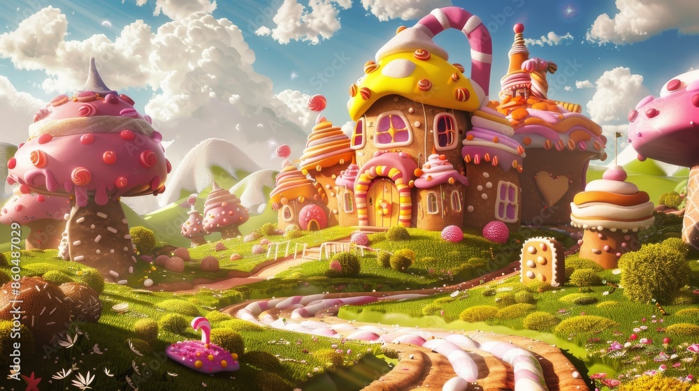 Candy Land Dream: A whimsical gingerbread house nestled in a sweet landscape. Candy Land Dream: A whimsical gingerbread house nestled in a sweet landscape.