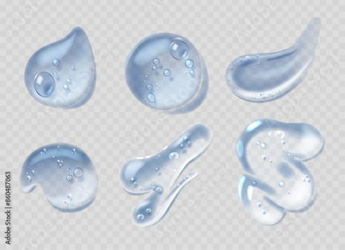 3d Vector Illustration Of Blue Transparent Gel Drops With Bubbles. Droplets Vary In Shape And Size For Skincare Theme