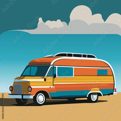 Retro Camper Van with Sky Blue View 