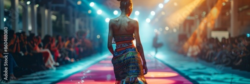 A model struts confidently down a runway showcasing a colorful, intricate design during a nighttime fashion show photo