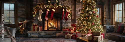 A warm and inviting living room decorated for Christmas, featuring a glowing Christmas tree, wrapped gifts, and a fireplace with stockings hung © Ilia Nesolenyi