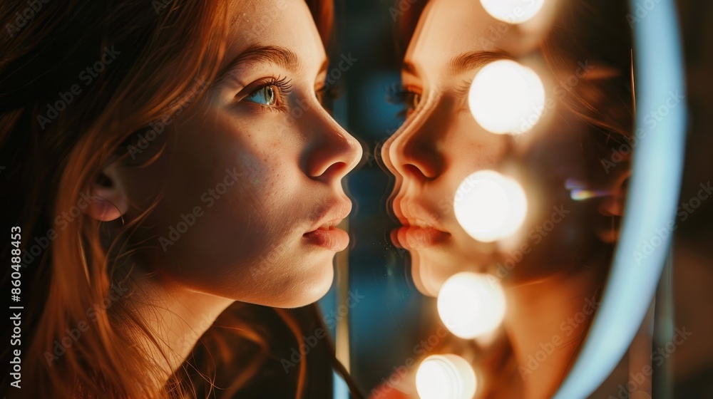 Fototapeta premium International Beauty Day. the girl in front of the mirror. A beautiful girl. the girl in front of the mirror