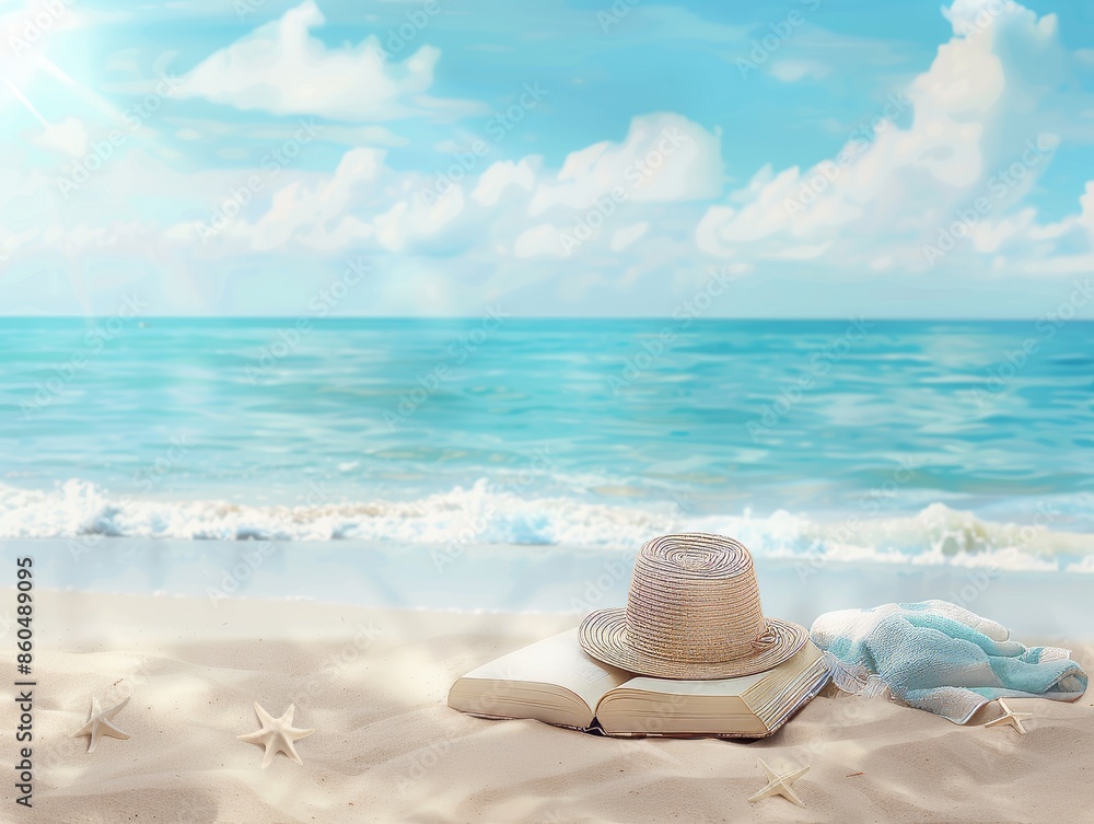 Sandy Beach Scene Book Hat Towel Relaxation Ocean Summer Beautiful Day Vacation Relax Reading. Sandy Beach Scene Book Hat Towel Relaxation Ocean Summer Beautiful Day Vacation Relax Reading.