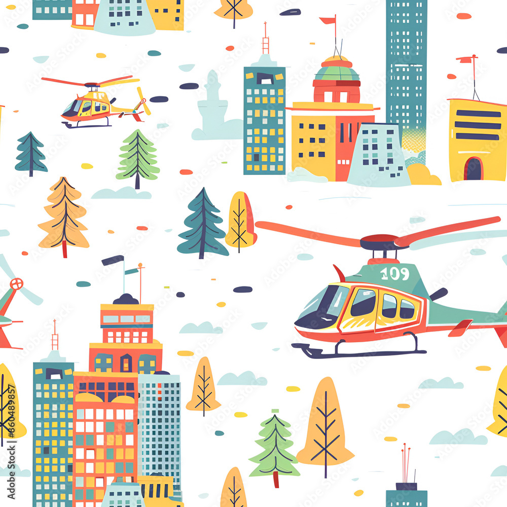 Fototapeta premium Cute Helicopter Cityscape Pattern