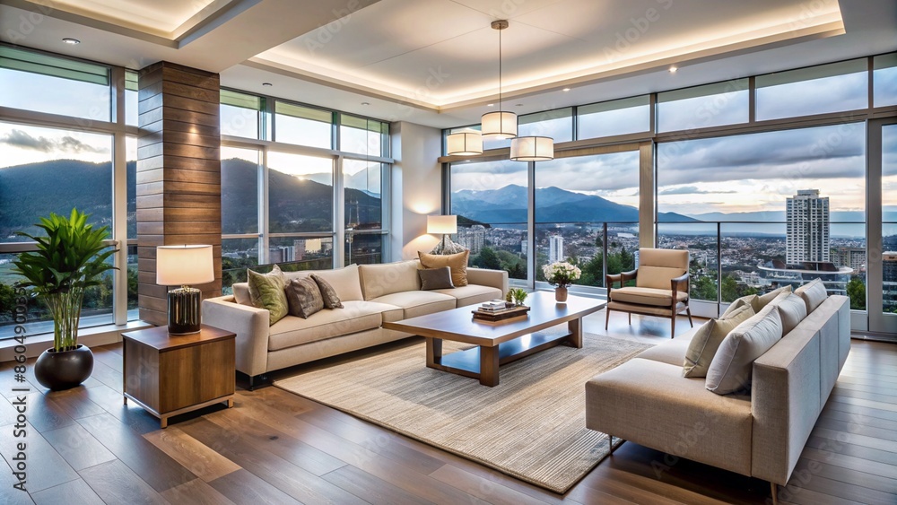 A spacious living room with expansive windows showcasing a breathtaking cityscape view. A spacious living room with expansive windows showcasing a breathtaking cityscape view.