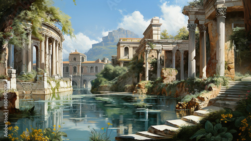 Roman Villa Painting - ancient, roman, rome, italy, architecture, building, water, palace, europe, travel, park, landmark, city, river, castle