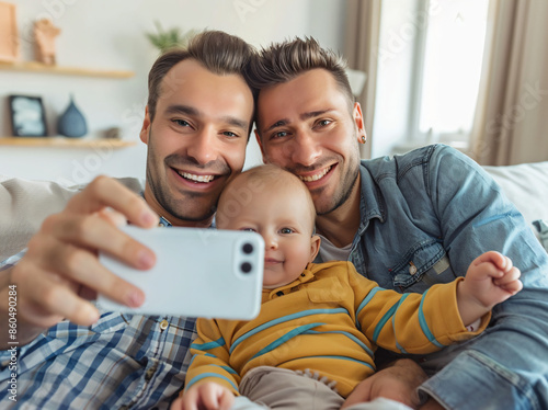 Happy Gay Couple Taking Selfie with Baby.