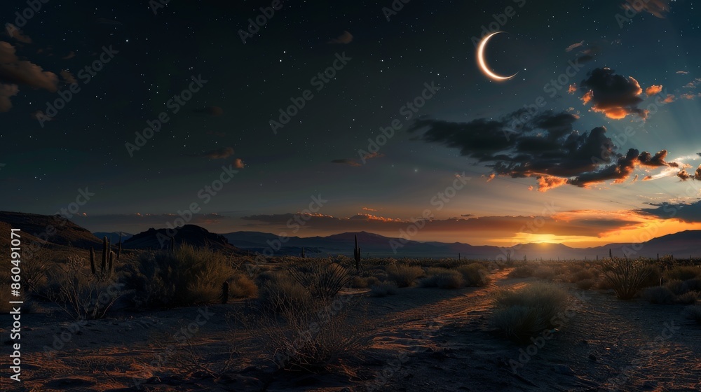 Desert Sunset with Crescent Moon and Stars Desert Sunset with Crescent Moon and Stars
