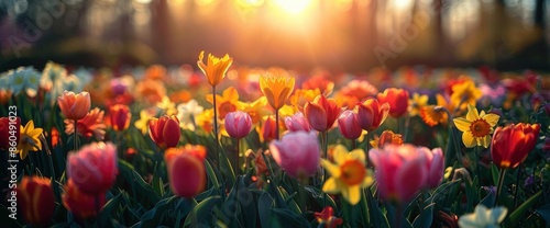 Tulips And Daffodils In A Sunny Field, Bursting With Vibrant Colors And Joy #860491023