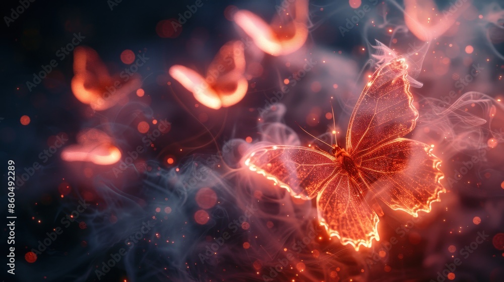 A glowing butterfly flies through a haze of smoke and light A glowing butterfly flies through a haze of smoke and light