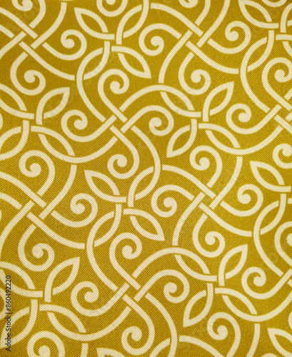 photo of Vertical towel rug fabric designed Mustard yellow and white in a modern ethnic style with rounded lines symbolizing blossoms