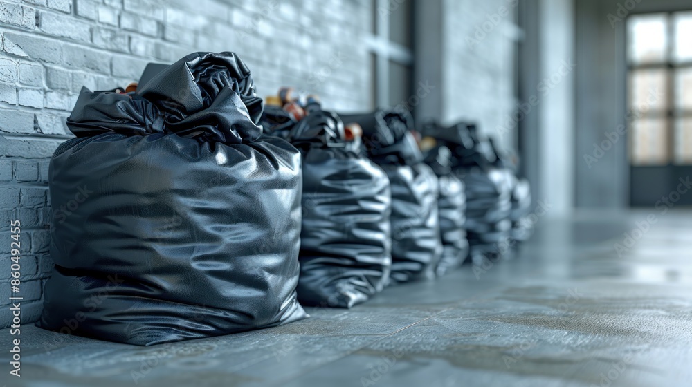 Fototapeta premium A row of full black garbage bags leaning against a brick wall in a modern building