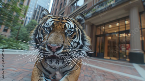 Fototapeta Naklejka Na Ścianę i Meble -  A close-up of a tiger walking through the city