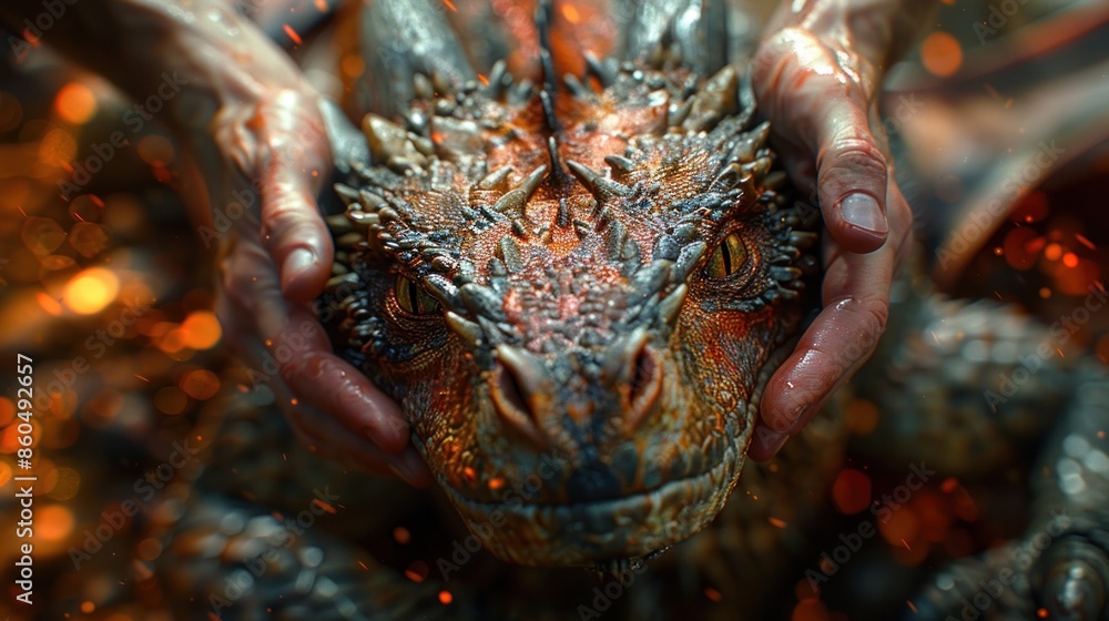 A dragons face, gentle and curious, held in the hands of a human A dragons face, gentle and curious, held in the hands of a human