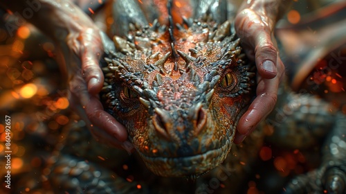 A dragons face, gentle and curious, held in the hands of a human