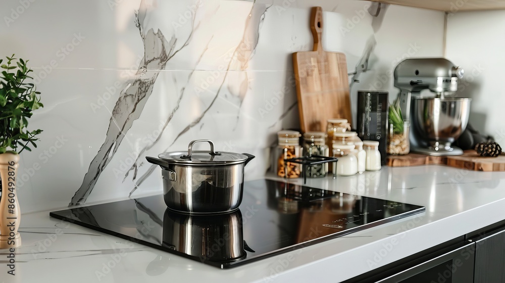 Black induction stove is on a white countertop with a marble backsplash in a kitchen. A metal saucepan and jars with products are on the stovetop. This photo shows cooking and homemade food concepts. Black induction stove is on a white countertop with a marble backsplash in a kitchen. A metal saucepan and jars with products are on the stovetop. This photo shows cooking and homemade food concepts.