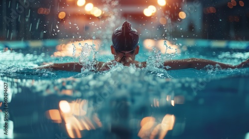 Swimming, sport and athlete breathe in pool, competition or cardio training for triathlon race. Fitness, workout and woman exercise for health, AI Generative photo