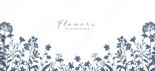 Floral frame with silhouettes meadow greenery and flowers. Botanical border with a pattern of wildflowers and herbs. Vector illustration for card, banner, invitation, social media post, poster